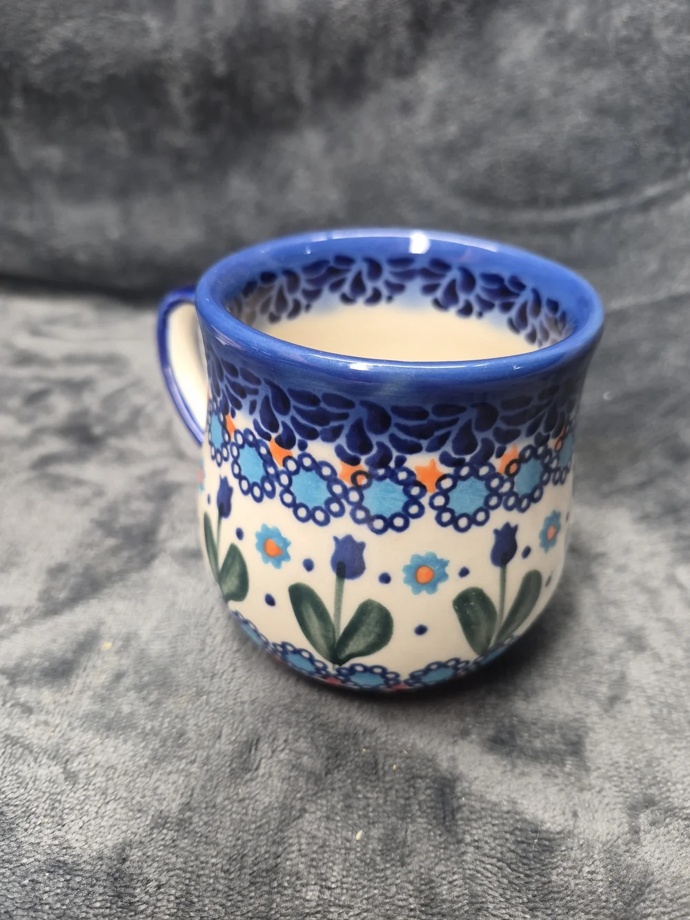 Polished Pottery 11oz Bubble Mug Blue Tulips Garden Unikat Hand Made Portland